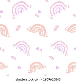 Nahtloses Muster rosafarbener Regenbogen mit Herzen. Skandinavischer Boho-Stil, Kinderdruck, Pastellfarben. Boho Druck, Textur aus süßen Regenbogen, Tapete für Kindergarten. für Babygewebe und Textilien