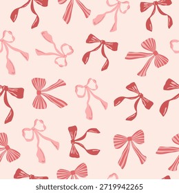 Un lindo patrón sin costuras con lazos rosas y rojos. Ilustración de fondo festivo para el día de San Valentín, tarjetas de felicitación o papel de regalo. Vector.