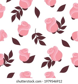 Patrón perfecto con rosas y brotes rosas. Hermosas flores primaverales, diseño de empaque, decoración de bodas. Ilustración plana sobre fondo blanco