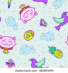 Cute seamless pattern with pink smiling cat and bird. Maneki Neko - symbol of happiness, luck, success, love. Vector.