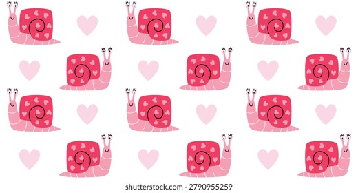 Cute seamless pattern with pink snails and hearts arranged in a checkerboard layout. Garden animal repeat background for baby  decor, fabric, textile, wallpaper, wrapping paper, stationery