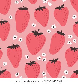 Cute seamless pattern with pink strawberries. Natural summer print with berry, fresh fruits and flowers in hand drawn style. Colorful vector strawberry background. 