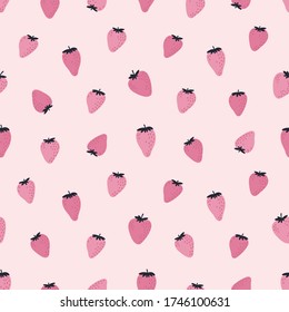 Cute seamless pattern with pink strawberries. Natural summer print with berry, fresh fruits in hand drawn style. Colorful vector strawberry background. 