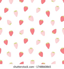 Nahtloses Muster mit rosafarbenen Erdbeeren. Natürlicher Sommerdruck mit Beeren, frische Früchte in handgezeichnetem Stil. Farbige Vektorgrafik-Erdbeerhintergrund. 