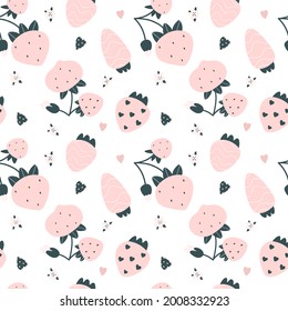 Patrón perfecto con fresas y corazones rosas. Estilo escandinavo. Ilustración vectorial.