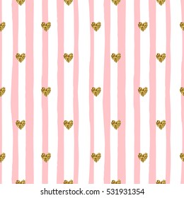 Cute seamless pattern with pink stripes and golden glitter hearts. Valentine's day background.