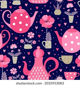 Cute seamless pattern with pink teapots, cups and flowers in pots. Romantic teatime. Vector illustration.
