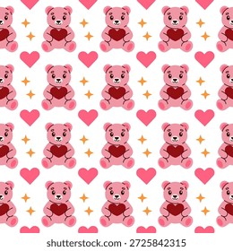 Padrão perfeito de ursinho de pelúcia rosa segurando o coração com corações e estrelas, perfeito para cartão de felicitações do Dia dos Namorados, embrulho de presente, design infantil e decoração de férias romântica