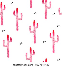 Cute seamless pattern with pink watercolor cactus. Vector hand drawn illustration.