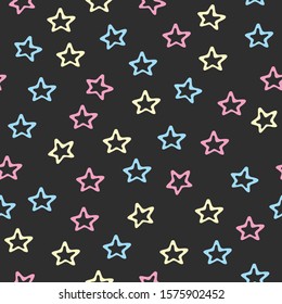Cute seamless pattern with pink, yellow and lite blue stars on dark grey background. Vector illustration for fabric, textile, scrapbook, gift wrapping paper. Ideal for children and baby projects.