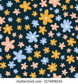 Cute seamless pattern with pink, yellow and blue flowers on dark background. Vector illustration in hand-drawn flat style. Perfect for print, decorations, wallpaper, wrapping paper, cards.