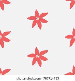 Cute Seamless Pattern with pionsettias on white background. Winter Flowers. Hand Drawn Design. Great for wall art design, gift paper, wrapping, fabric, textile, etc. Vector Illustration.