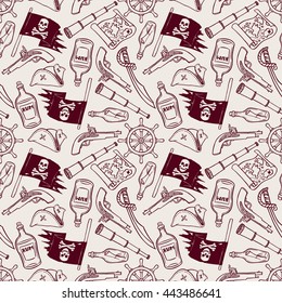 cute seamless pattern of a pirate ship and attributes. hand-drawn illustration