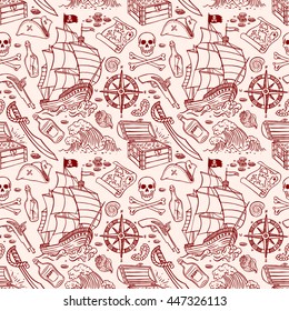 cute seamless pattern of a pirate ship and attributes. hand-drawn illustration