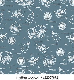 Cute seamless pattern with pitcher of sangria, orange, bottle of olive oil and branch with olives. Travel and leisure. Design for banner, poster or print.