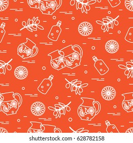 Cute seamless pattern with pitcher of sangria, orange, bottle of olive oil and branch with olives. Travel and leisure. Design for banner, poster or print.