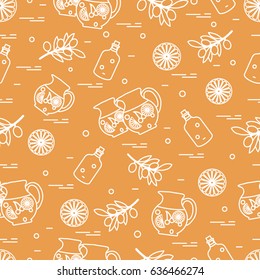 Cute seamless pattern with pitcher of sangria, orange, bottle of olive oil and branch with olives. Travel and leisure. Design for banner, poster or print.