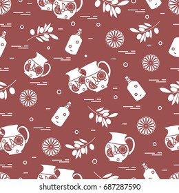 Cute seamless pattern with pitcher of sangria, orange, bottle of olive oil and branch with olives. Travel and leisure. Design for banner, poster or print.