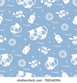 Cute seamless pattern with pitcher of sangria, orange, bottle of olive oil and branch with olives. Travel and leisure. Design for banner, poster or print.
