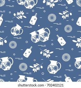 Cute seamless pattern with pitcher of sangria, orange, bottle of olive oil and branch with olives. Travel and leisure. Design for banner, poster or print.