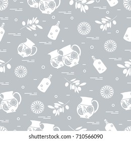 Cute seamless pattern with pitcher of sangria, orange, bottle of olive oil and branch with olives. Travel and leisure. Design for banner, poster or print.