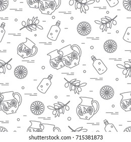 Cute seamless pattern with pitcher of sangria, orange, bottle of olive oil and branch with olives. Travel and leisure. Design for banner, poster or print.