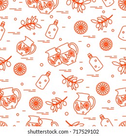 Cute seamless pattern with pitcher of sangria, orange, bottle of olive oil and branch with olives. Travel and leisure. Design for banner, poster or print.