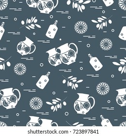 Cute seamless pattern with pitcher of sangria, orange, bottle of olive oil and branch with olives. Travel and leisure. Design for banner, poster or print.