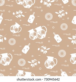 Cute seamless pattern with pitcher of sangria, orange, bottle of olive oil and branch with olives. Travel and leisure. Design for banner, poster or print.