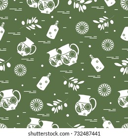 Cute seamless pattern with pitcher of sangria, orange, bottle of olive oil and branch with olives. Travel and leisure. Design for banner, poster or print.