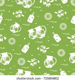 Cute seamless pattern with pitcher of sangria, orange, bottle of olive oil and branch with olives. Travel and leisure. Design for banner, poster or print.