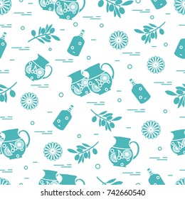 Cute seamless pattern with pitcher of sangria, orange, bottle of olive oil and branch with olives. Travel and leisure. Design for banner, poster or print.