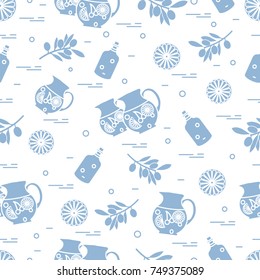 Cute seamless pattern with pitcher of sangria, orange, bottle of olive oil and branch with olives. Travel and leisure. Design for banner, poster or print.