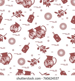 Cute seamless pattern with pitcher of sangria, orange, bottle of olive oil and branch with olives. Travel and leisure. Design for banner, poster or print.