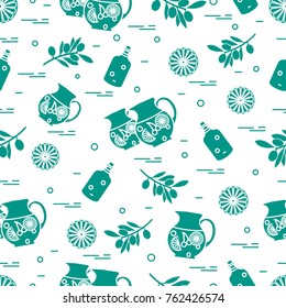 Cute seamless pattern with pitcher of sangria, orange, bottle of olive oil and branch with olives. Travel and leisure. Design for banner, poster or print.