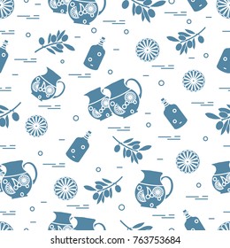 Cute seamless pattern with pitcher of sangria, orange, bottle of olive oil and branch with olives. Travel and leisure. Design for banner, poster or print.