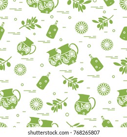 Cute seamless pattern with pitcher of sangria, orange, bottle of olive oil and branch with olives. Travel and leisure. Design for banner, poster or print.