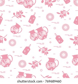 Cute seamless pattern with pitcher of sangria, orange, bottle of olive oil and branch with olives. Travel and leisure. Design for banner, poster or print.