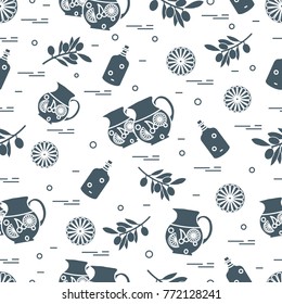 Cute seamless pattern with pitcher of sangria, orange, bottle of olive oil and branch with olives. Travel and leisure. Design for banner, poster or print.
