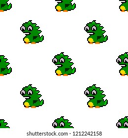 Cute seamless pattern of pixel art dinosaur. Pixel art. 8 bit. 