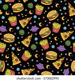 cute seamless pattern with pizza, hamburger and french fries flying in open space.black background.vector