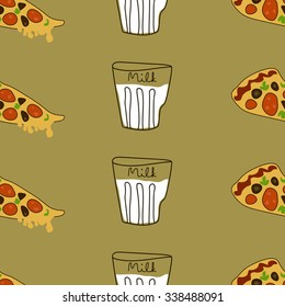 Cute seamless pattern with pizza and milk. Food background in vector.