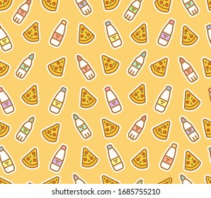 Cute seamless pattern of pizza slices and bottles. Milk, water, fast food. Vector colored background for online shopping, mobile applications. Design of packages, clothes, thermomugs.