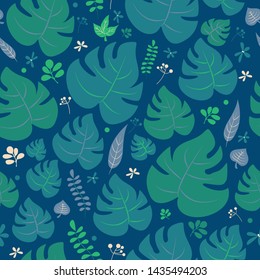 Cute seamless pattern plam green leaves and decoration on blue background,vector illustration.