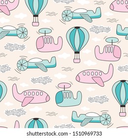 Cute seamless pattern with plane and balloon. Vector illustration funny airplane on the sky with clouds. Pastel colors of blue and pink on white background. Ready for kids fashion textile print.