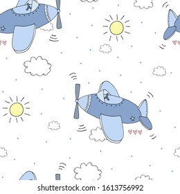 Cute seamless pattern with plane cartoon hand drawn vector illustration