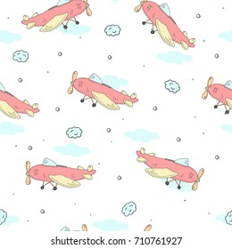 Cute seamless pattern with plane cartoon hand drawn vector illustration.