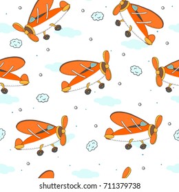 Cute seamless pattern with plane cartoon hand drawn vector illustration.