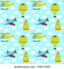 Cute seamless pattern with plane, helicopter, hot air balloon, spaceship and clouds. Funny background. Vector illustration