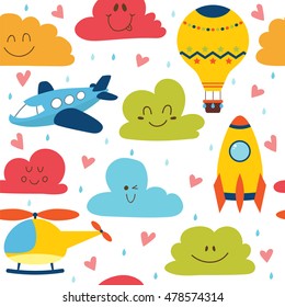 Cute seamless pattern with plane, helicopter, hot air balloon, spaceship and clouds. Vector illustration
